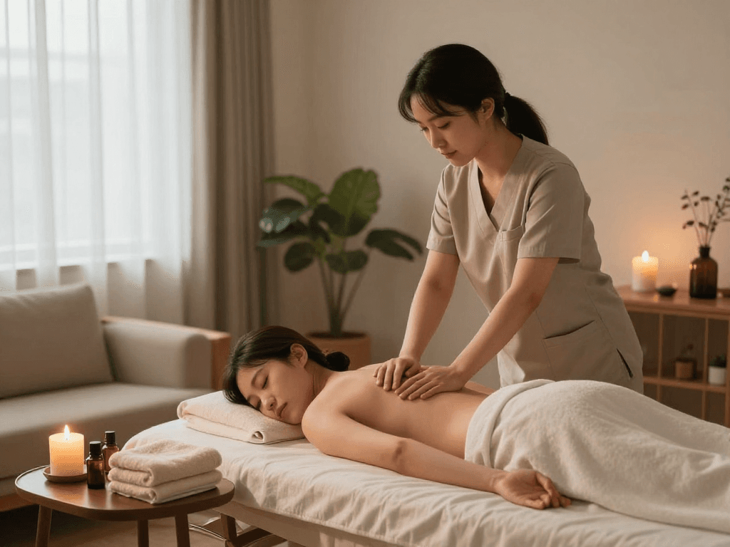 Experience soothing 화곡동출장마사지 in a calming home environment with professional therapist and serene setup.