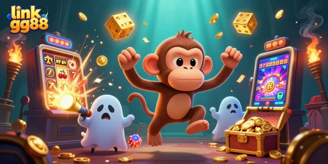 Experience thrilling wins at link gg88 with a 3D cartoon ghost monkey juggling gold in a vibrant casino