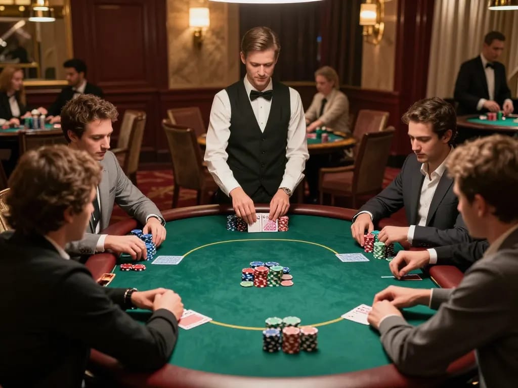 ROKOK88 players engaged in a thrilling poker game with colorful chips at a luxury casino table.