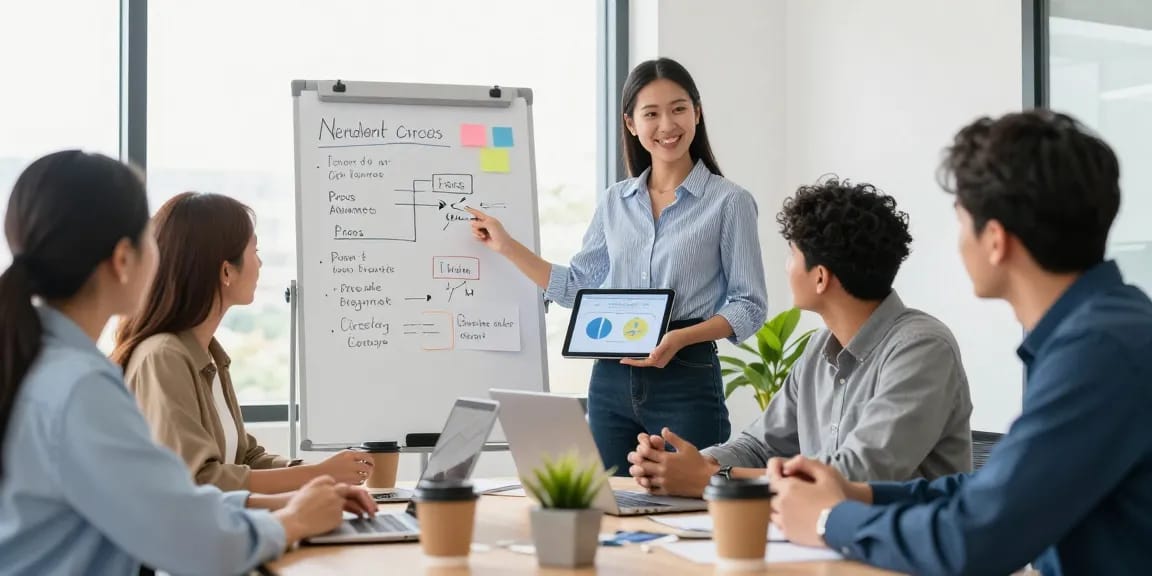Meeting on merchant cash advance pros and cons with entrepreneurs in a modern office.