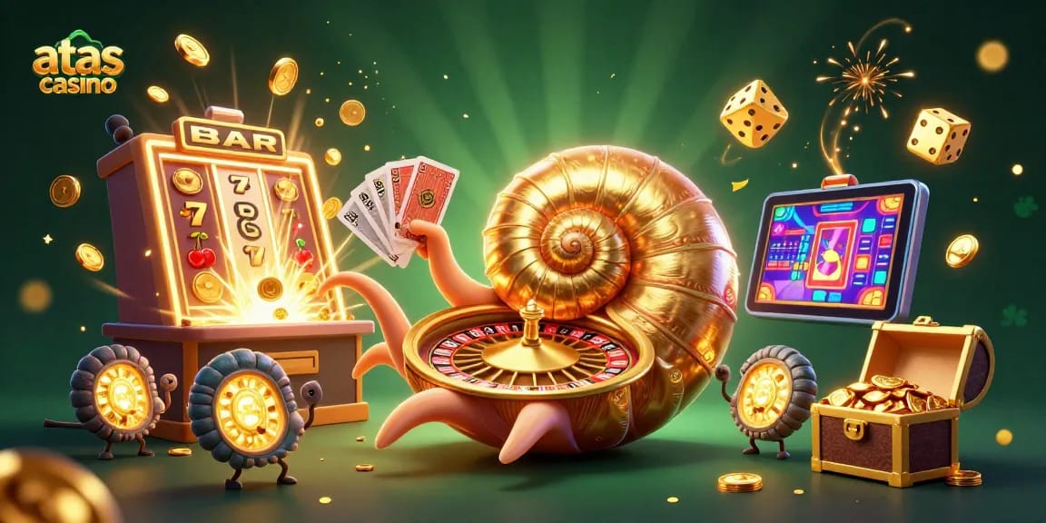 Engage with atas casino's vibrant world, featuring a giant nautilus roulette and dynamic game elements.