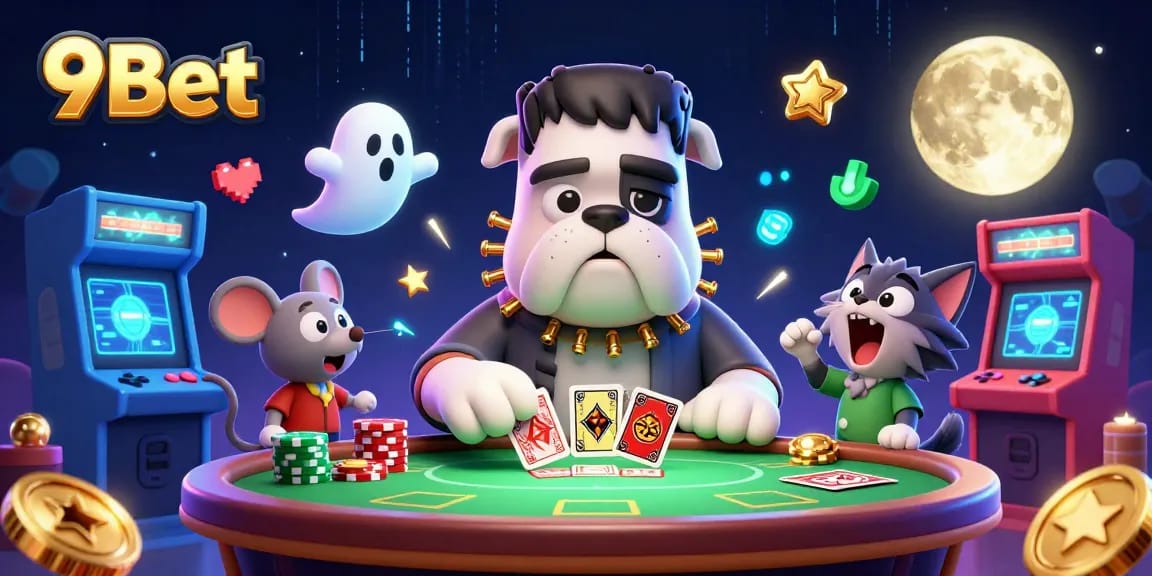 Experience thrilling gameplay at 9Bet with unique characters at a vibrant casino table.