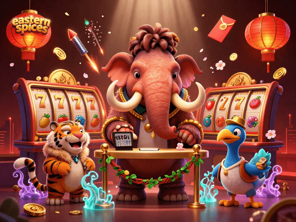 Engage with easternspices at this vibrant casino scene featuring characters and slot symbols.