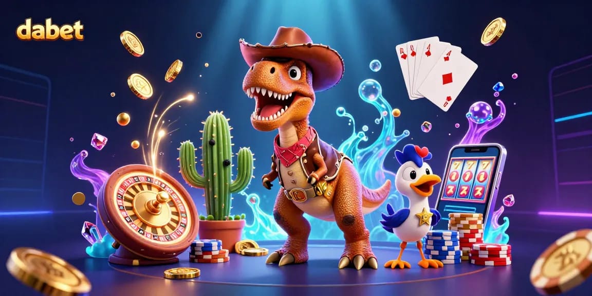 Spin the reels and win at dabet with a dynamic T-Rex cowboy and vibrant casino elements.