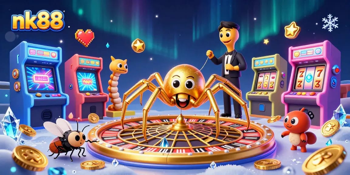 Bet on engaging games at nk88, featuring a vivid 3D scene with colorful casino elements.
