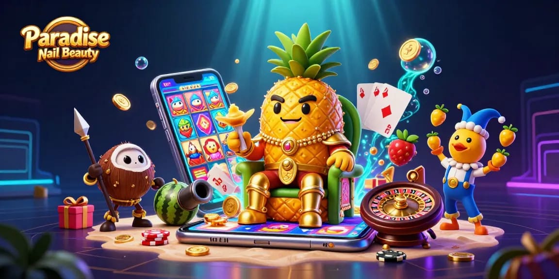 Engage with Paradise Nail Beauty's vibrant casino scene featuring a cartoon pineapple king amidst exciting gaming elements.