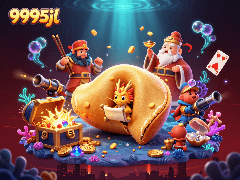 Immerse yourself in the action with 9995jl's golden fortune cookie surrounded by treasure and magical creatures.