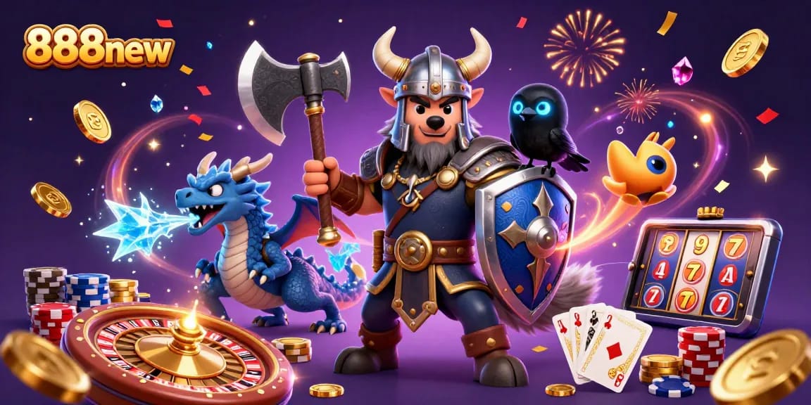 Engage in thrilling games with 888new in a vibrant casino scene featuring a Viking warrior and dragon.