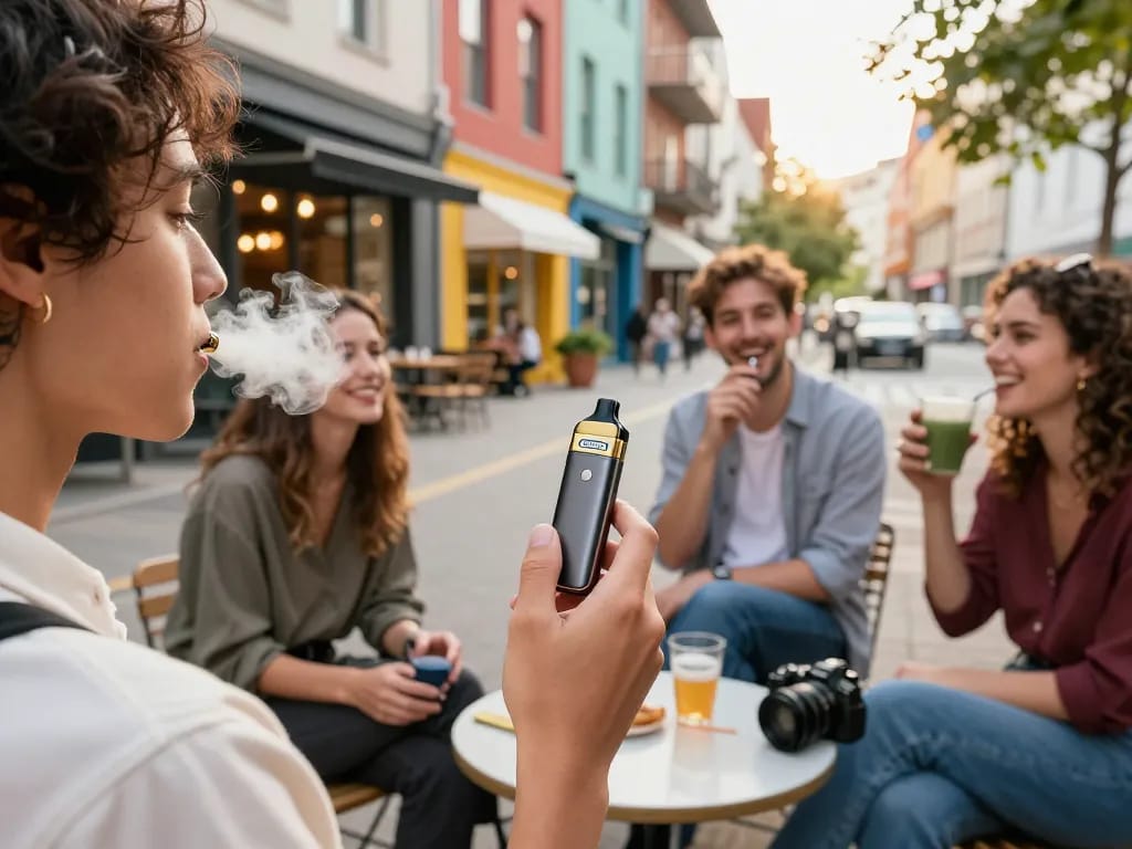Person enjoying Clean Carts Disposable vape in vibrant urban setting with friends.