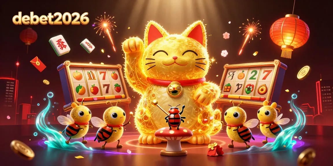 Engage in immersive gameplay with debet2026's vibrant casino elements featuring a giant lucky cat.