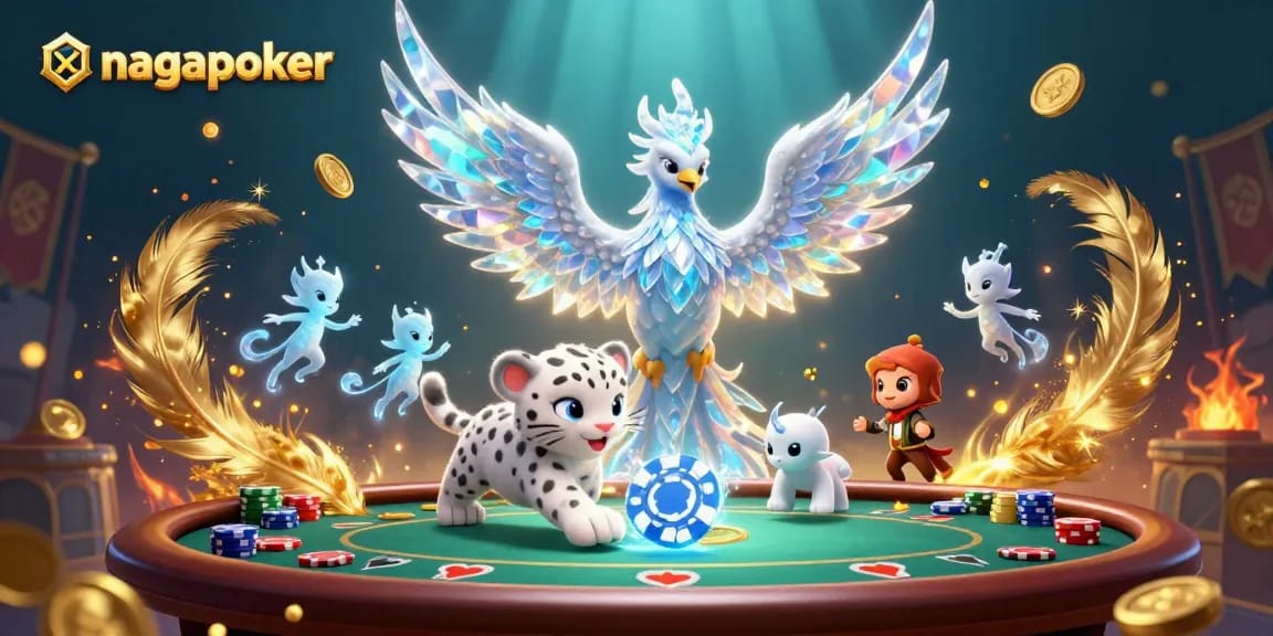 Join the excitement at nagapoker with a captivating scene of playful characters and poker elements.