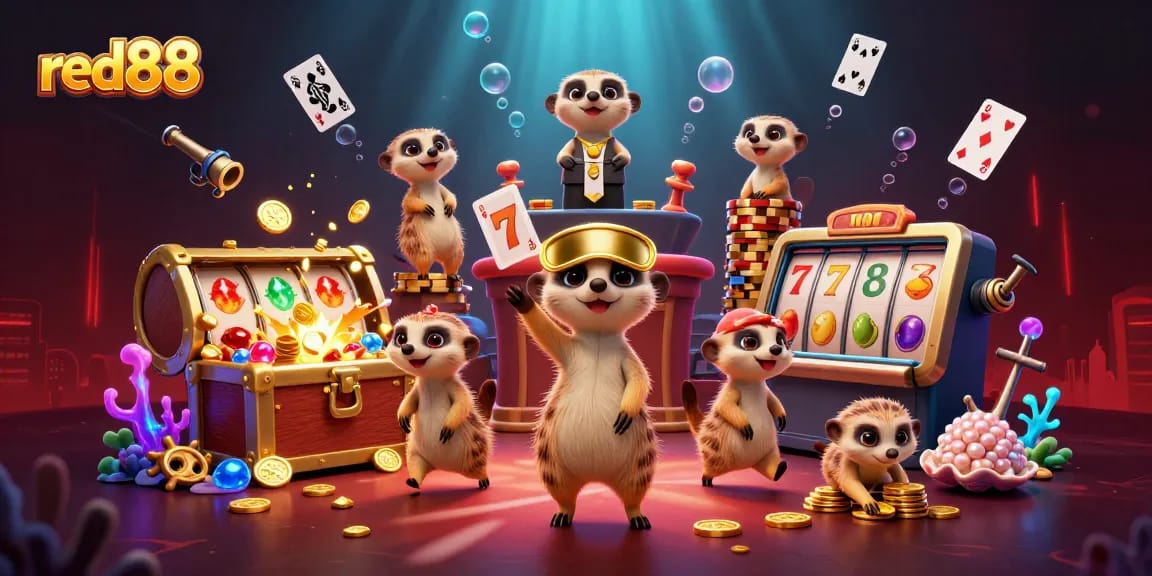 Experience the thrill of red88 with meerkats leading a vibrant casino adventure, full of gold and gems.