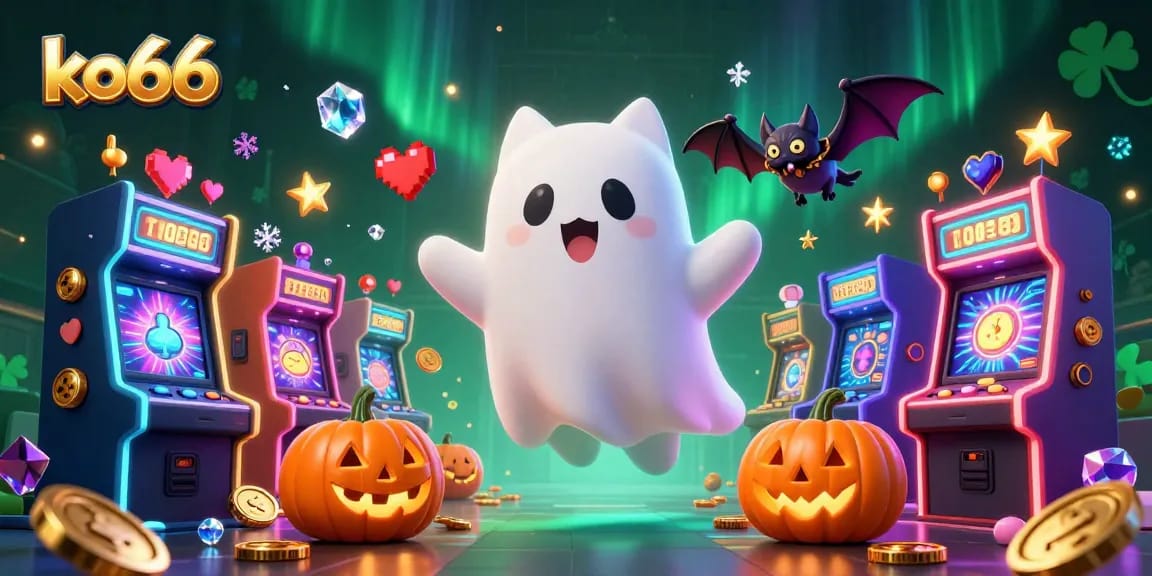Experience the thrill with ko66 in a haunted casino illustration featuring playful characters.