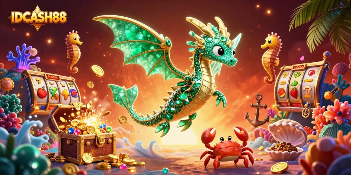 Experience thrilling wins at IDCASH88 and uncover treasure with slot games in this vibrant underwater scene.