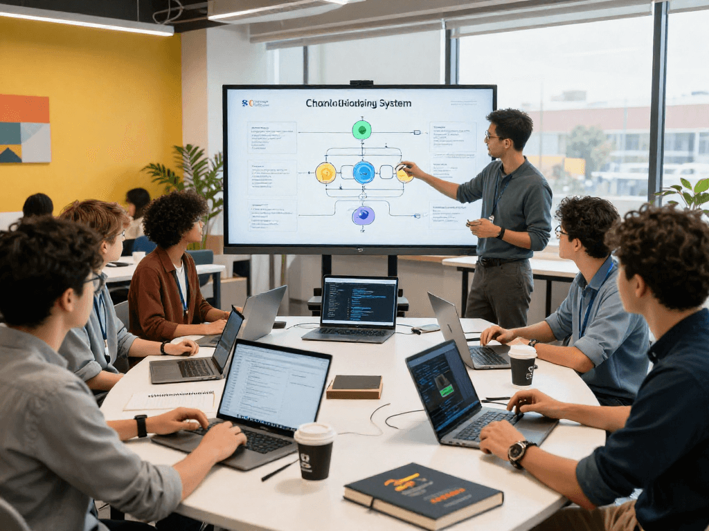 A collaborative development team engaged with acrossprotocol in a vibrant tech workspace, showcasing dynamic cross-chain bridging.
