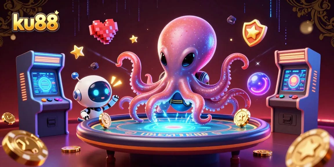 Experience exciting games at ku88 with a dazzling alien octopus managing a poker table.