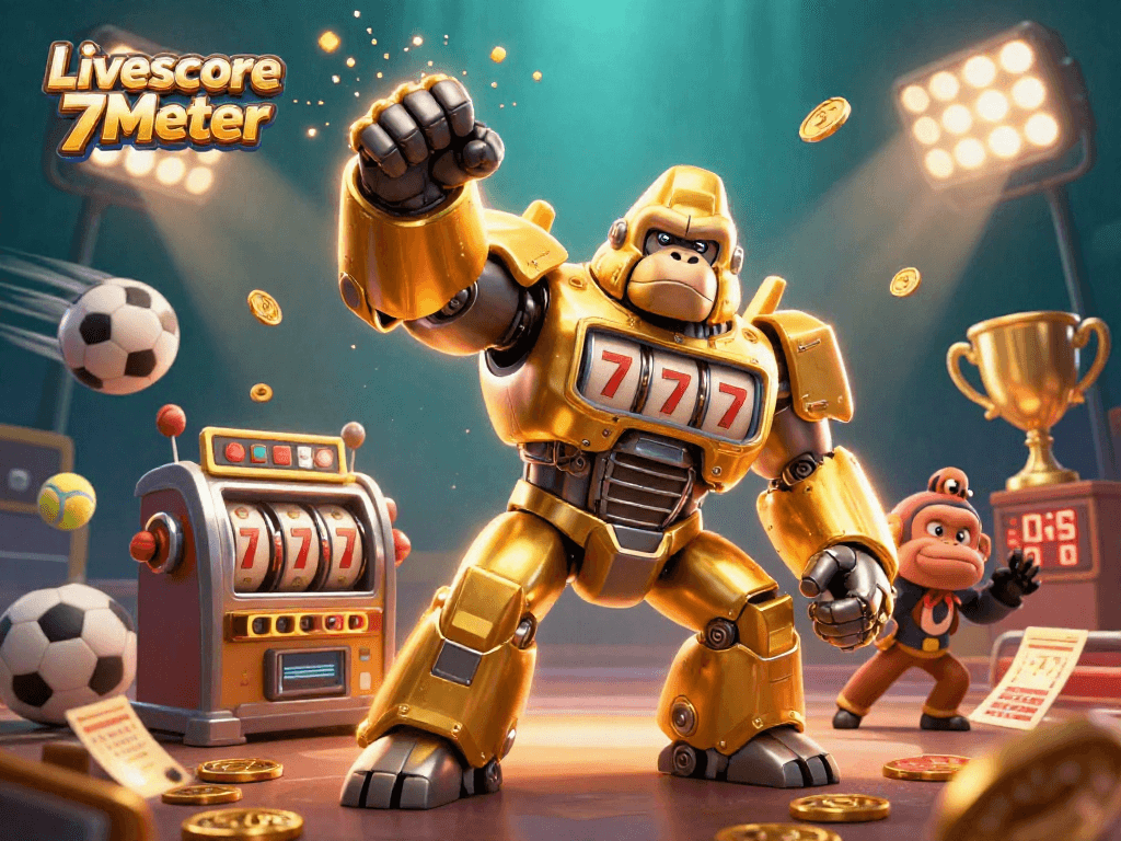 Engage with Livescore 7Meter in an explosive 3D casino setting filled with sports and gaming elements.