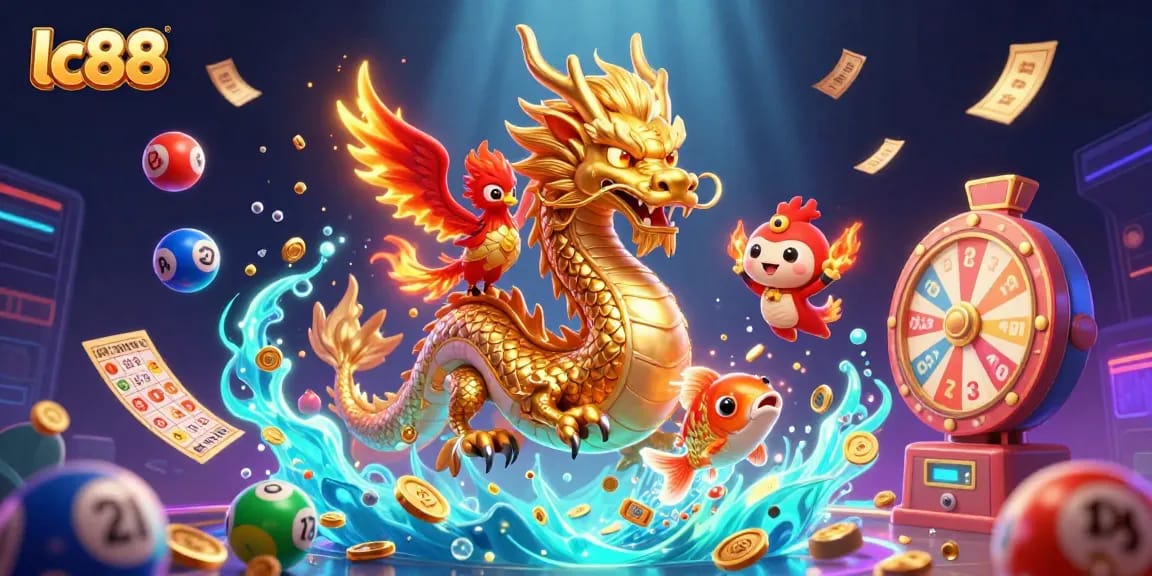 Experience exciting gaming at lc88 with vibrant dragon, phoenix, and koi fish in a dynamic lottery scene.