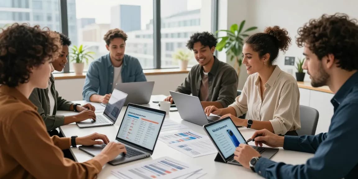 Compare business mobile deals UK while a diverse team collaborates in a modern office.