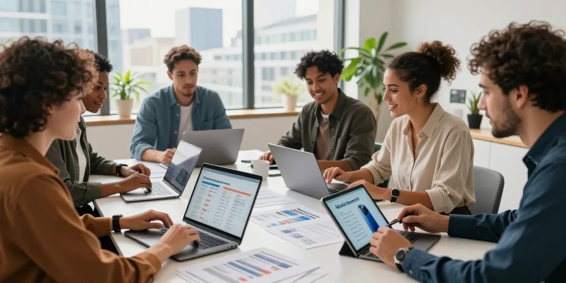 Compare business mobile deals UK while a diverse team collaborates in a modern office.