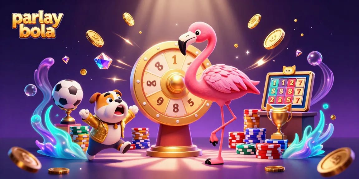 Experience parlay bola betting with thrilling 3D characters and gambling elements in a vibrant casino scene.