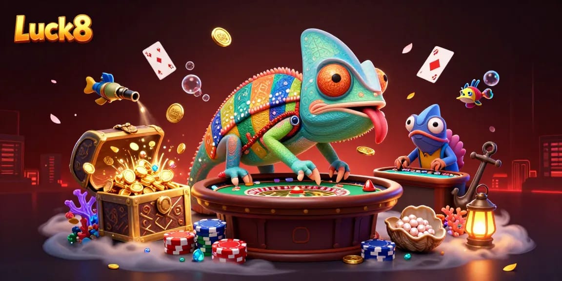 Engage with Luck8's vibrant casino world featuring a chameleon owner snatching golden coins.