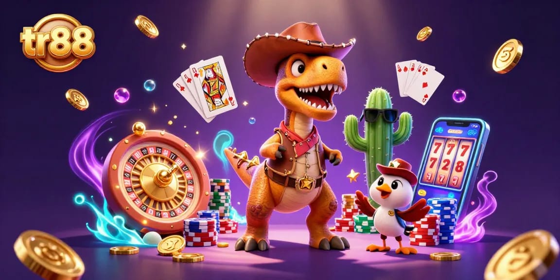 Engage with thrilling tr88 gaming adventures featuring a cartoon T-Rex and vibrant casino elements.