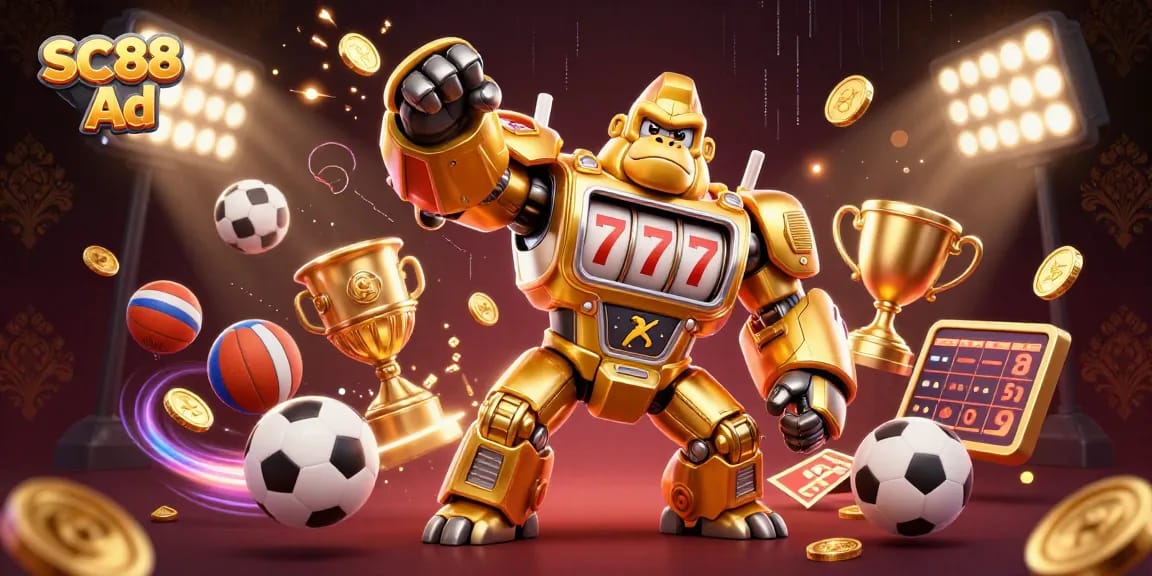 Engage with the SC88 Ad vibrant gaming scene featuring an impressive golden gorilla mech and sports elements.
