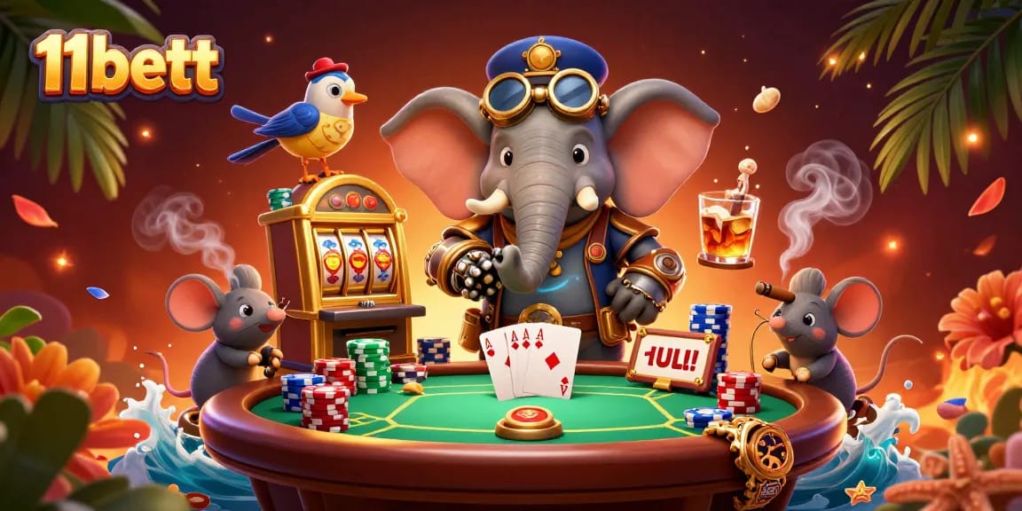 Engage with 11bett's vibrant gaming scene featuring dynamic poker action amid captivating characters.