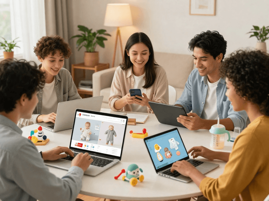 Parents exploring rokok88 for baby products in a cozy home setting, showcasing a modern online shopping experience.