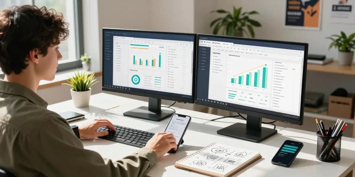 Young professional maximizing online income with XPAY33 at a stylish desk, showcasing growth analytics.