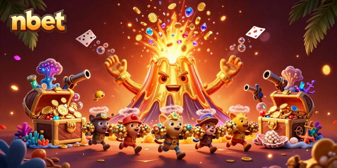 Experience the thrill of nbet with a vibrant 3D illustration filled with treasures and gaming elements.