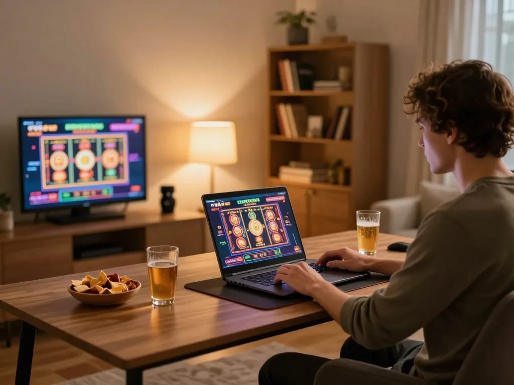 Person engaging in online gaming at home using 78wingo, showcasing a cozy setup with snacks and vibrant game display.
