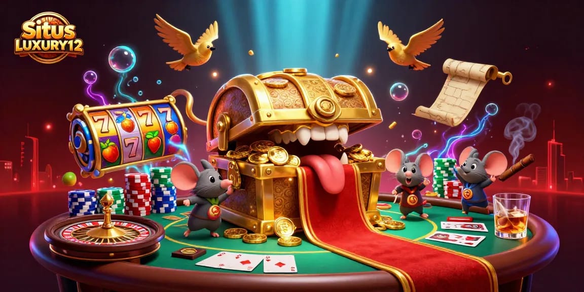 Experience the thrill of winning at Situs LUXURY12 with vibrant slot reels and dynamic casino elements.