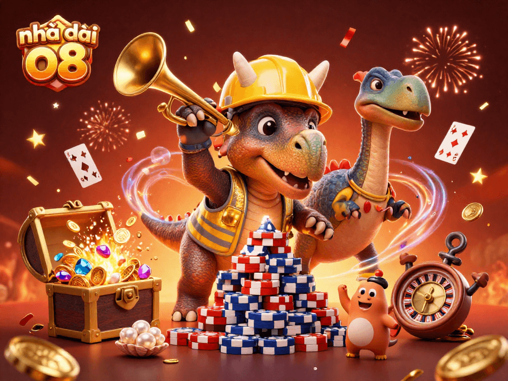 Engage with the excitement of Nhà cái o8 in this vibrant casino-themed illustration featuring a cheerful triceratops and friends.