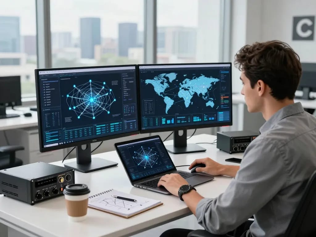 快连 network engineer analyzing performance metrics in a modern tech workspace.