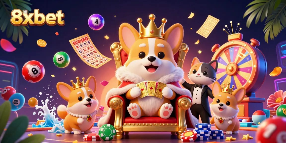 Engage with 8xbet's vibrant gaming world featuring a royal corgi crowned, surrounded by dynamic gaming elements.