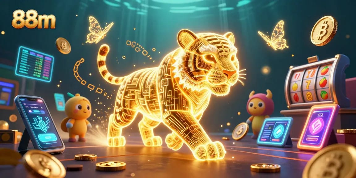 Engage with thrilling 88m slot gameplay featuring a neon-wireframe golden tiger and crypto elements.