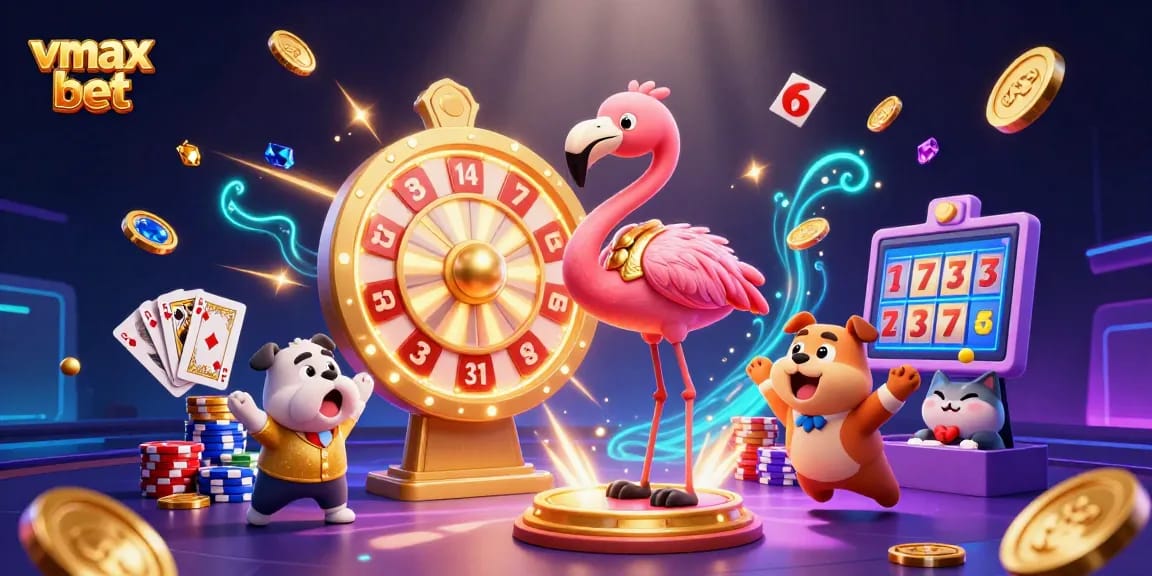Experience vmax bet excitement with a lively casino scene featuring a flamingo, bulldog, and prizes.