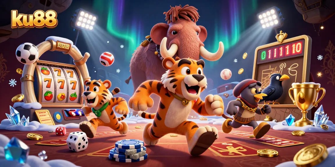 ku88 showcases a thrilling prehistoric casino scene with dynamic gaming elements and vibrant characters.