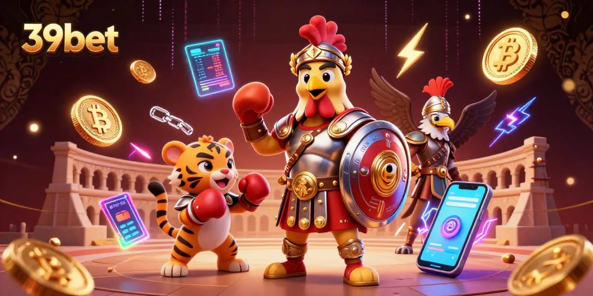 Experience thrilling action at 39bet with a vibrant 3D illustration of a gladiator rooster and tiger cub in a casino-themed colosseum.