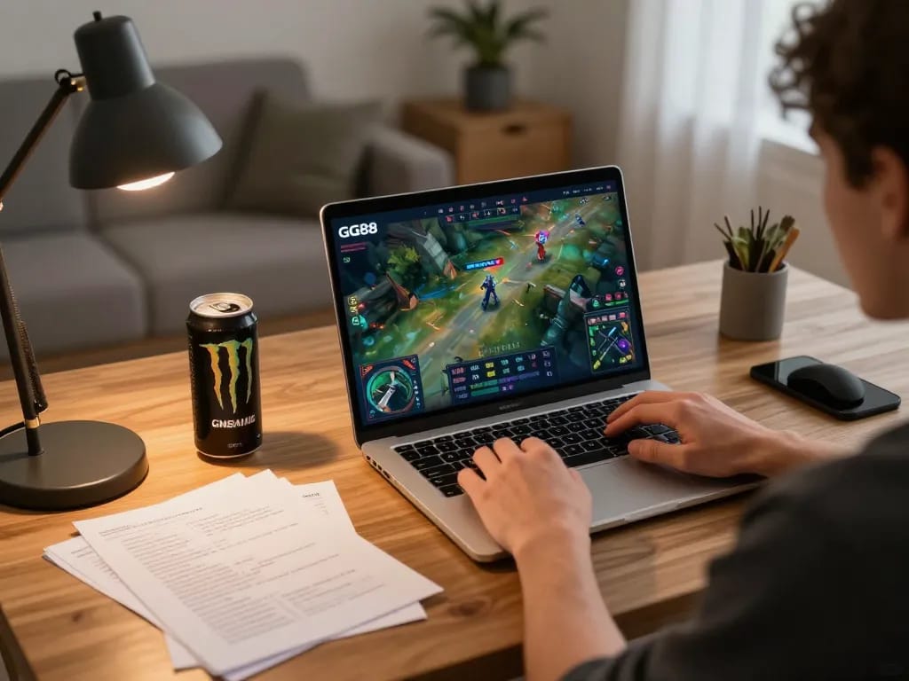 Play online games with gg88live on a stylish setup showcasing strategy notes and a laptop.