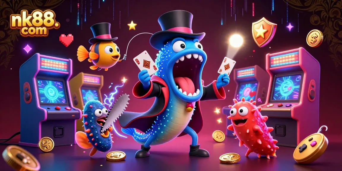 Experience thrilling gaming with nk88. com; cartoon deep-sea characters perform magic amidst vibrant casino elements.