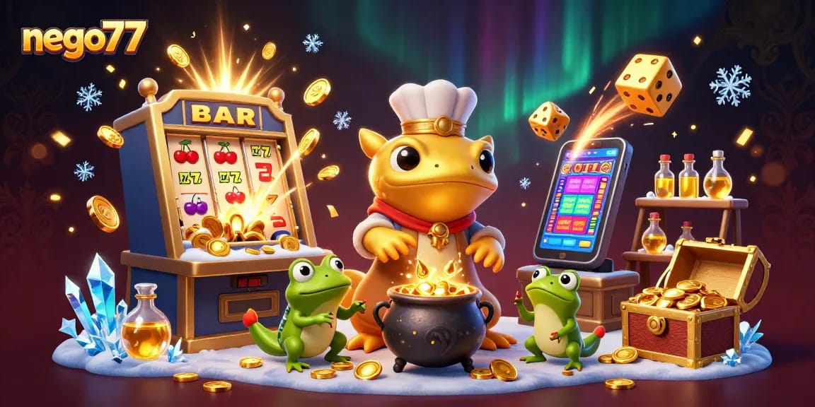 Unleash the fun with nego77's vibrant 3D illustration of an alchemist and slots in a casino!