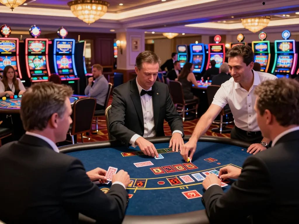 Players engaging in strategy at MM88 casino tables amidst vibrant lighting and luxurious decor