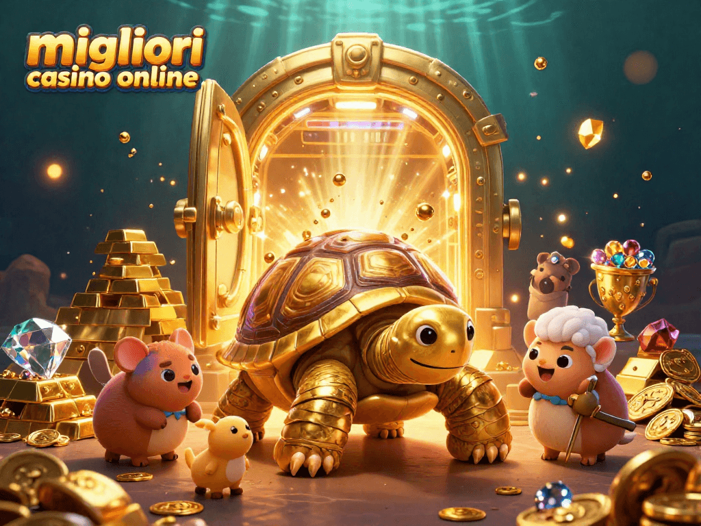 Gioca nei migliori casino online con una scena vibrante di animali e una tartaruga dorata, circondati da tesori.