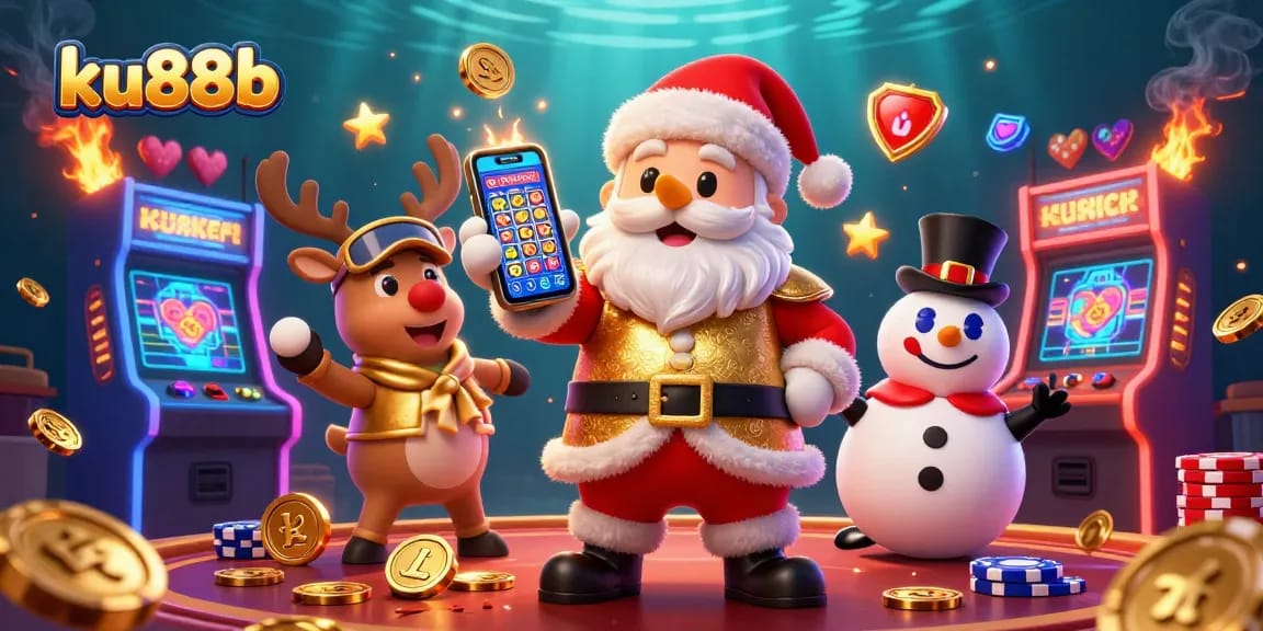 Experience exciting jackpots at ku88b with Santa, his reindeer, and poker chip snowman in vibrant casino scene.