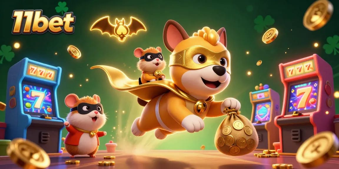 Winning big at 11bet with a superhero dog and hamster amidst casino games and gold coins.
