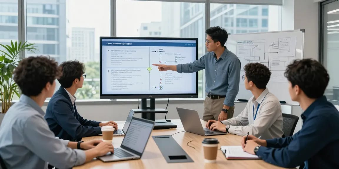 Cyber essentials vs iso 27001 comparison chart in a modern cybersecurity office meeting.