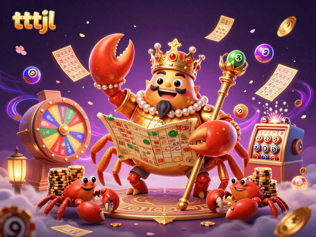 Engage with tttjl as a golden crab emperor leads a vibrant lottery scene with colorful elements.